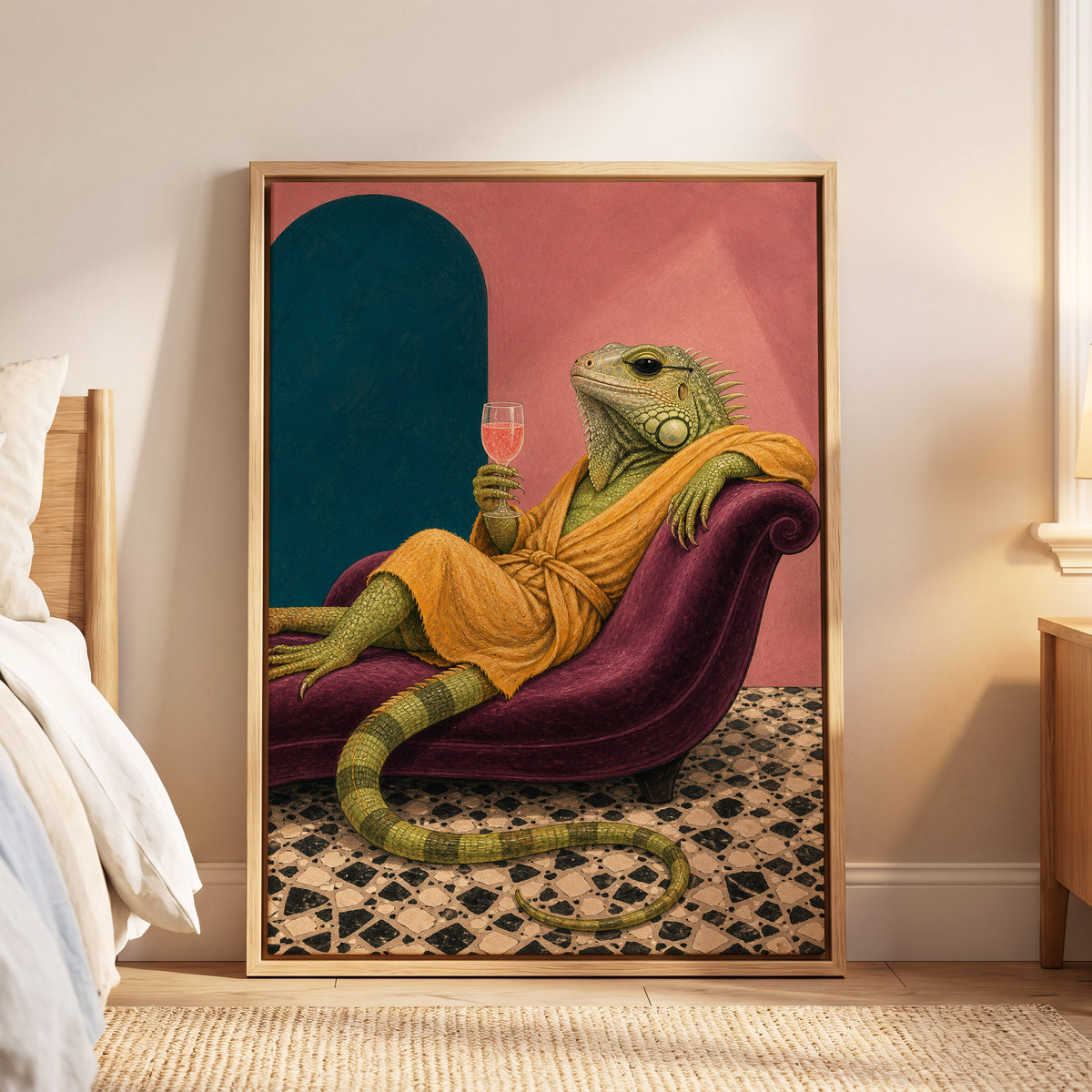 The Leisurely Iguana, green, gold, pink abstract wall art displayed in a styled interior, gallery view 8