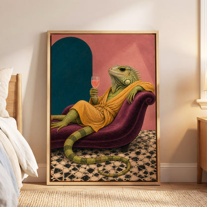 The Leisurely Iguana, green, gold, pink abstract wall art displayed in a styled interior, gallery view 8