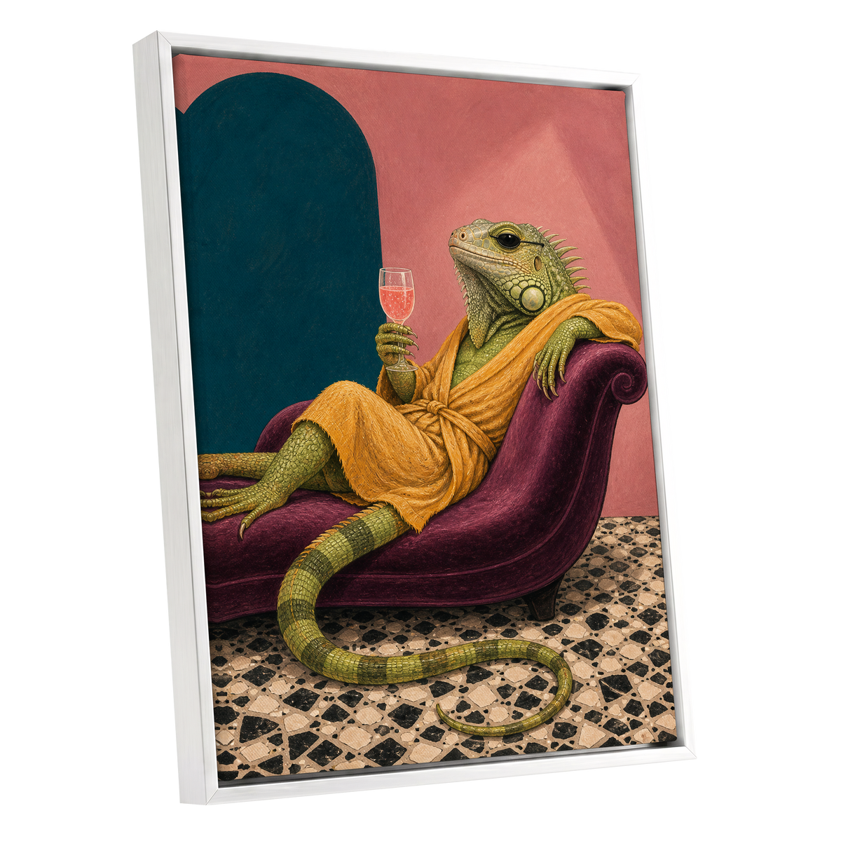 The Leisurely Iguana, green, gold, pink abstract wall art shown as a white framed canvas wall art