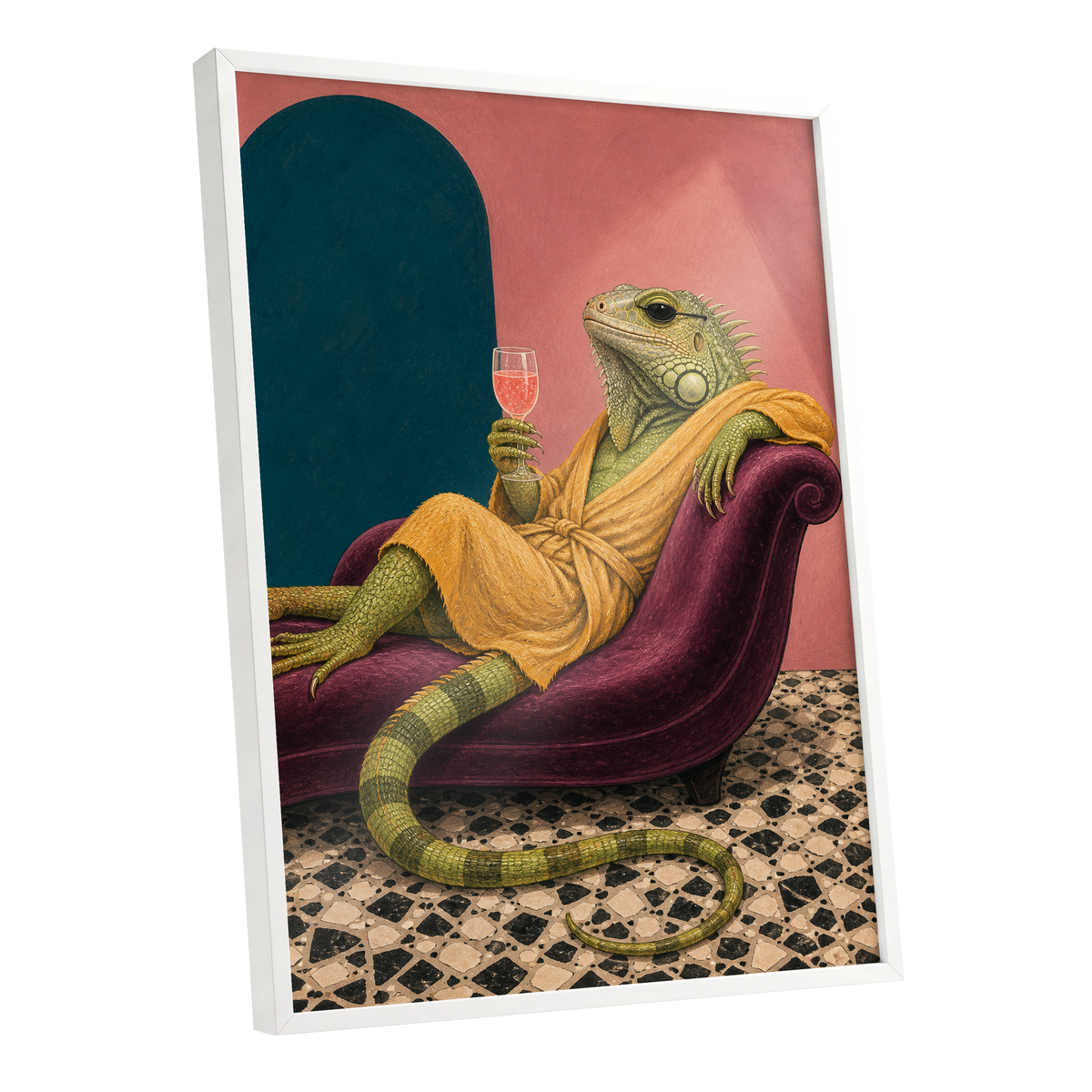 The Leisurely Iguana, green, gold, pink abstract wall art shown as a white framed poster wall art print
