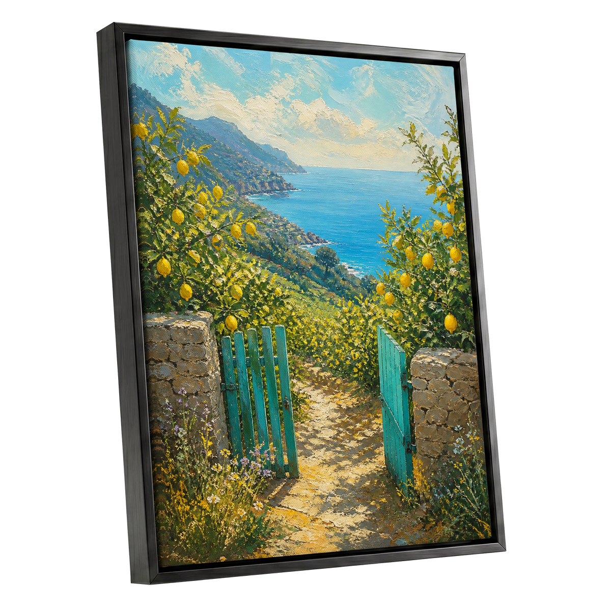The Lemon Gate, blue, green, yellow nature wall art shown as a black framed canvas wall art