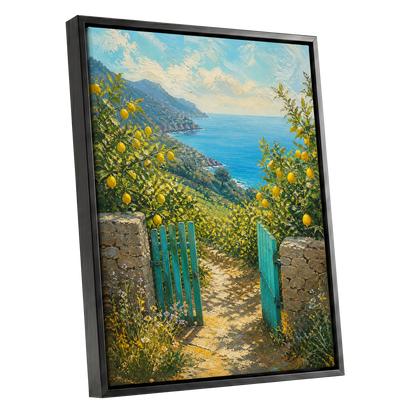 The Lemon Gate, blue, green, yellow nature wall art shown as a black framed canvas wall art