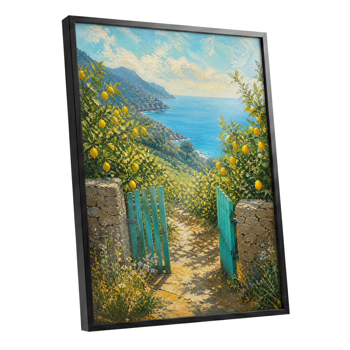 The Lemon Gate, blue, green, yellow nature wall art shown as a black framed poster wall art print