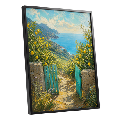 The Lemon Gate, blue, green, yellow nature wall art shown as a black framed poster wall art print