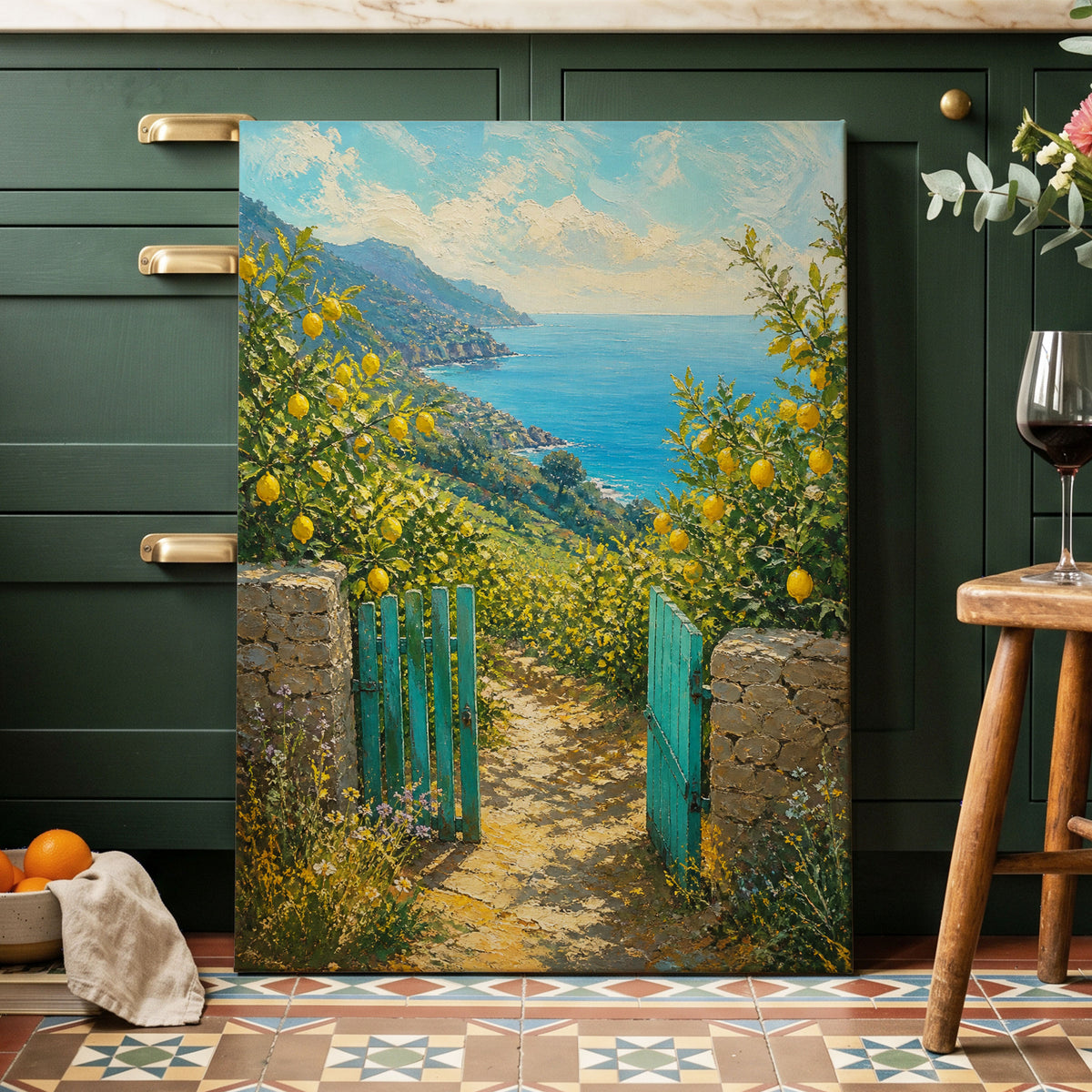 The Lemon Gate, blue, green, yellow nature wall art on canvas displayed in a styled interior, gallery view 1