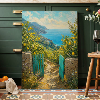 The Lemon Gate, blue, green, yellow nature wall art on canvas displayed in a styled interior, gallery view 1