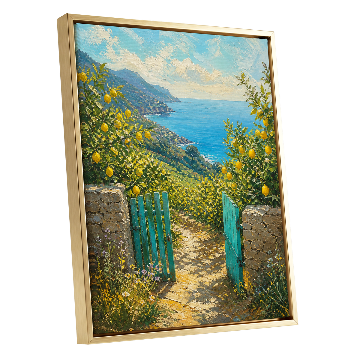 The Lemon Gate, blue, green, yellow nature wall art shown as a gold framed canvas wall art