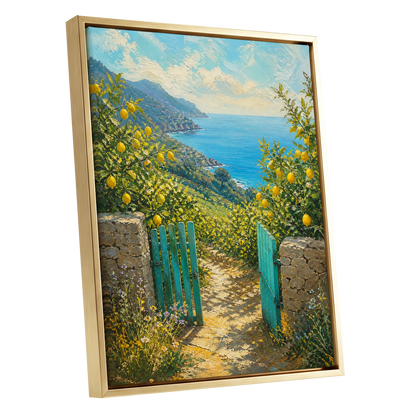 The Lemon Gate, blue, green, yellow nature wall art shown as a gold framed canvas wall art