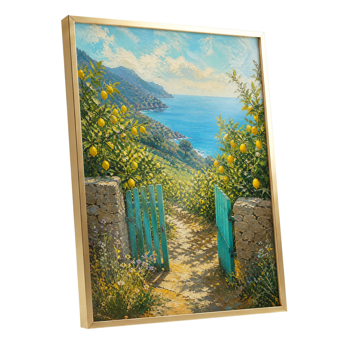 The Lemon Gate, blue, green, yellow nature wall art shown as a gold framed poster wall art print
