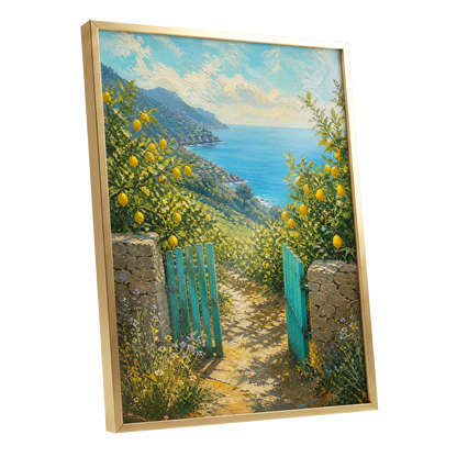 The Lemon Gate, blue, green, yellow nature wall art shown as a gold framed poster wall art print