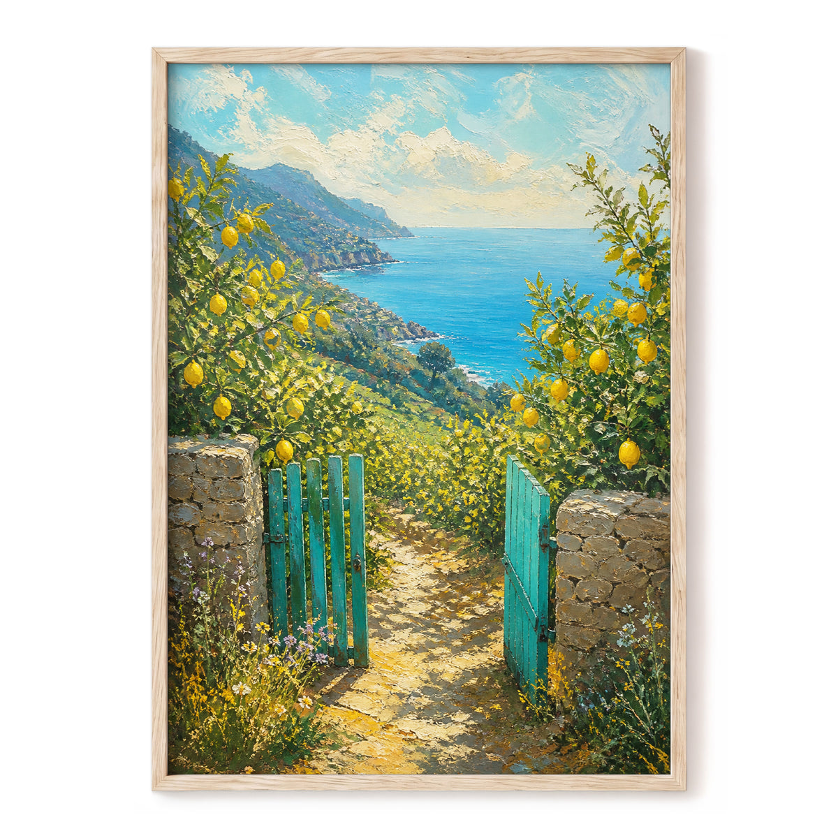 The Lemon Gate, blue, green, yellow nature wall art, front artwork view
