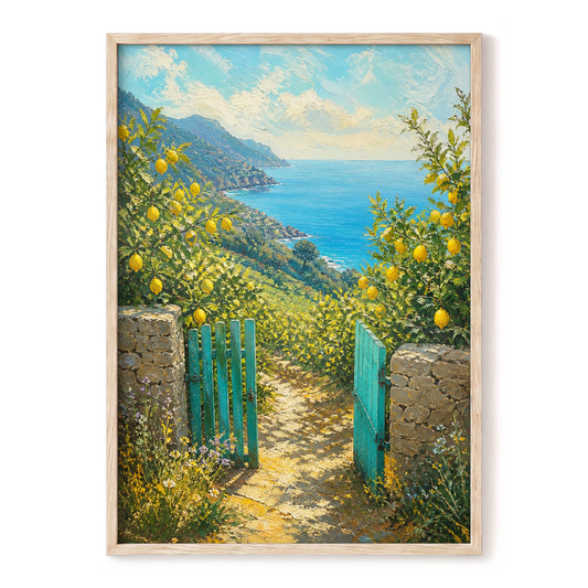 The Lemon Gate, blue, green, yellow nature wall art, front artwork view