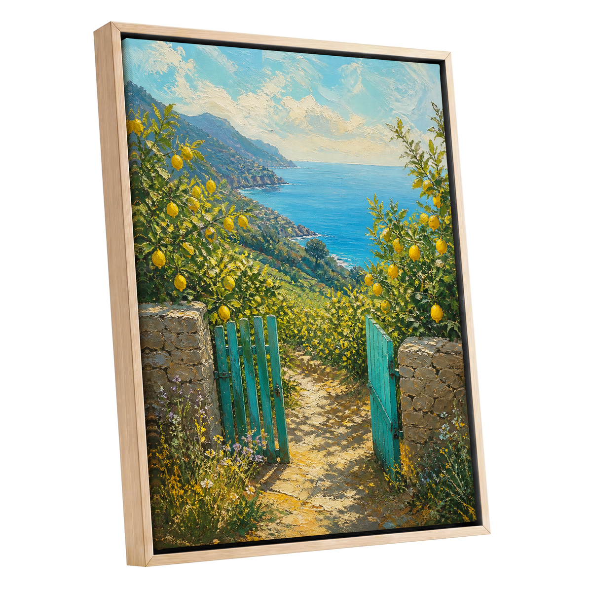 The Lemon Gate, blue, green, yellow nature wall art shown as a oak framed canvas wall art