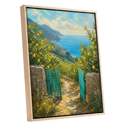 The Lemon Gate, blue, green, yellow nature wall art shown as a oak framed canvas wall art