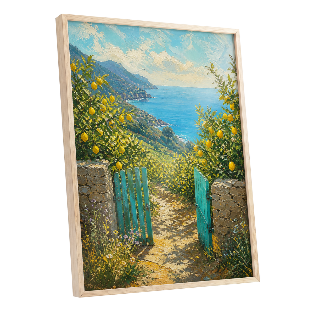 The Lemon Gate, blue, green, yellow nature wall art shown as a oak framed poster wall art print