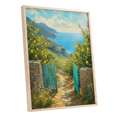 The Lemon Gate, blue, green, yellow nature wall art shown as a oak framed poster wall art print