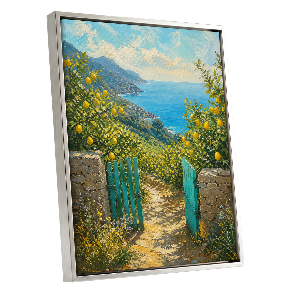 The Lemon Gate, blue, green, yellow nature wall art shown as a silver framed canvas wall art