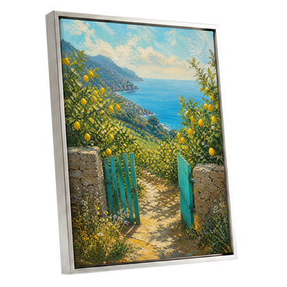 The Lemon Gate, blue, green, yellow nature wall art shown as a silver framed canvas wall art