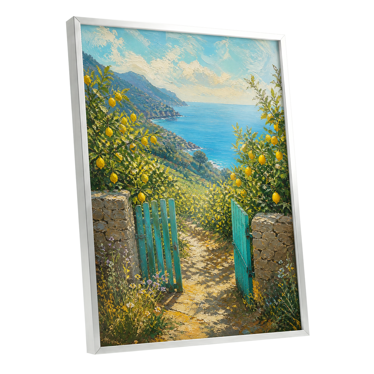 The Lemon Gate, blue, green, yellow nature wall art shown as a silver framed poster wall art print