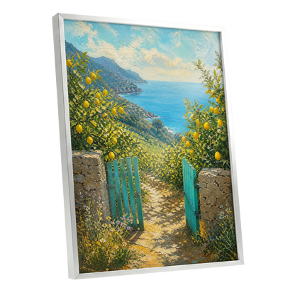 The Lemon Gate, blue, green, yellow nature wall art shown as a silver framed poster wall art print