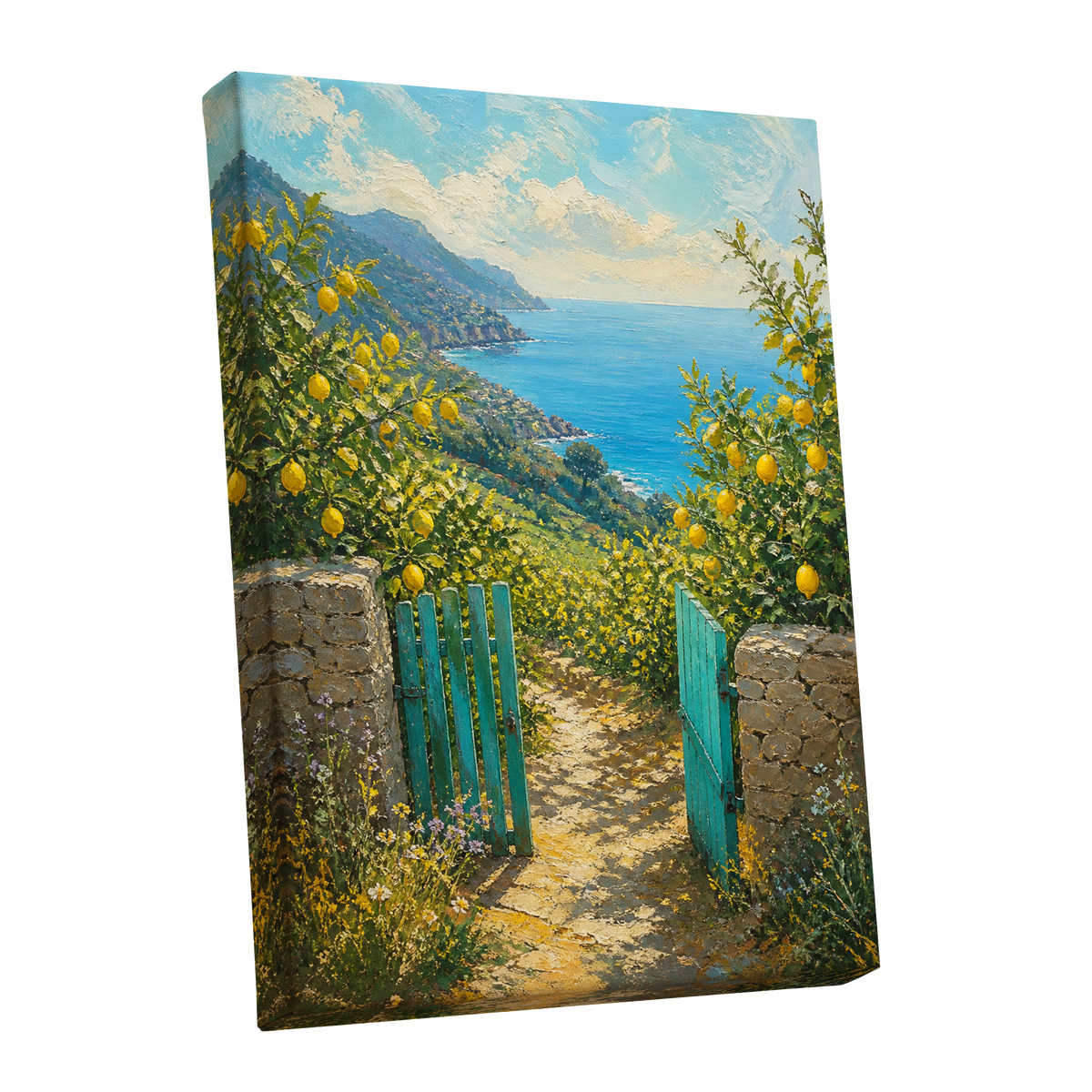 The Lemon Gate, blue, green, yellow nature wall art shown as a stretched canvas wall art