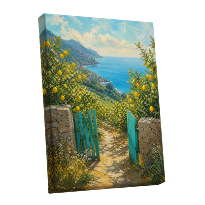 The Lemon Gate, blue, green, yellow nature wall art shown as a stretched canvas wall art