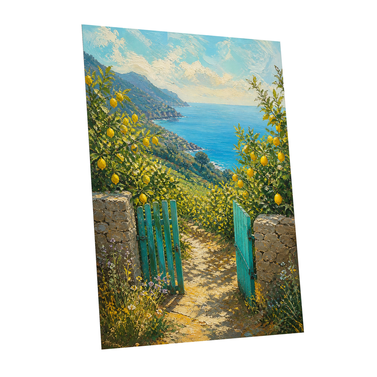 The Lemon Gate, blue, green, yellow nature wall art shown as a unframed poster wall art print