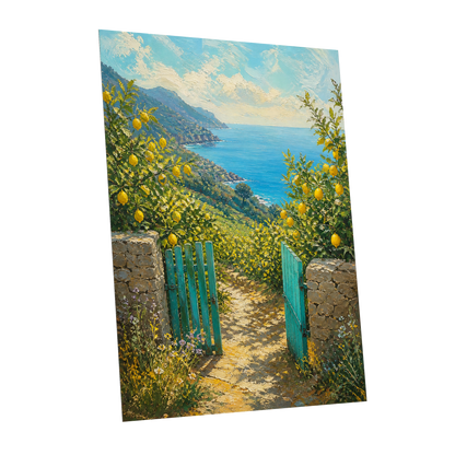 The Lemon Gate, blue, green, yellow nature wall art shown as a unframed poster wall art print