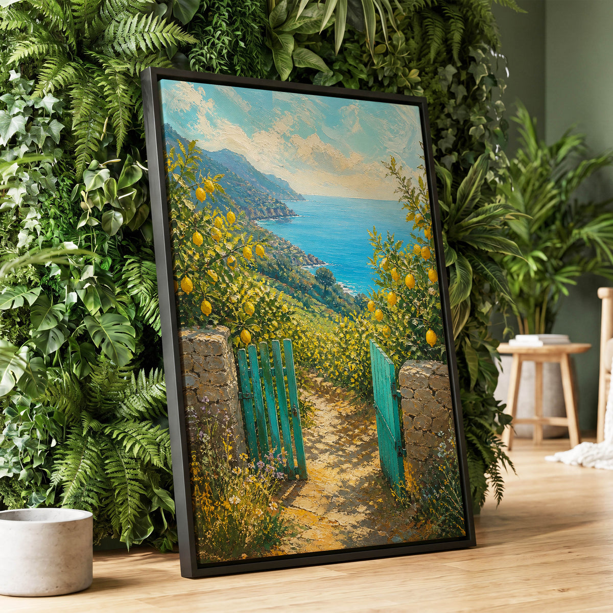 The Lemon Gate, blue, green, yellow nature wall art displayed in a styled interior, gallery view 1