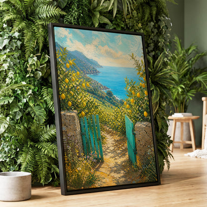 The Lemon Gate, blue, green, yellow nature wall art displayed in a styled interior, gallery view 1