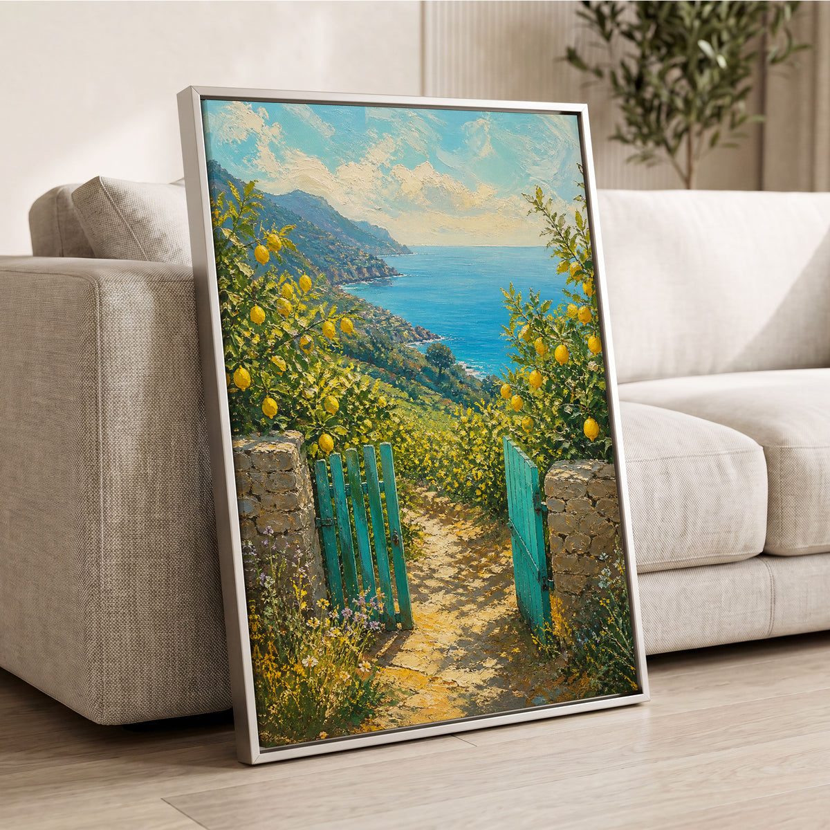 The Lemon Gate, blue, green, yellow nature wall art displayed in a styled interior, gallery view 2