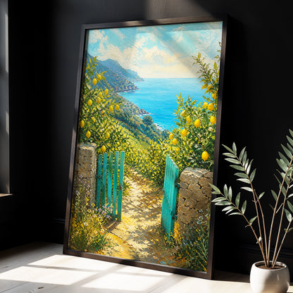 The Lemon Gate, blue, green, yellow nature wall art displayed in a styled interior, gallery view 3
