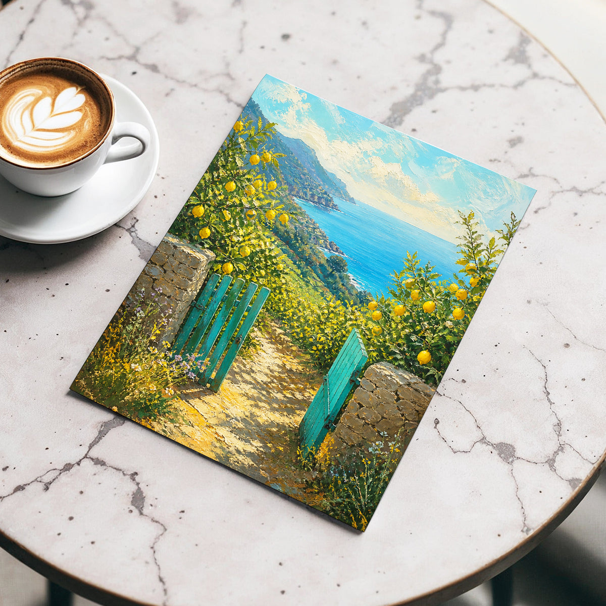 The Lemon Gate, blue, green, yellow nature wall art displayed in a styled interior, gallery view 4