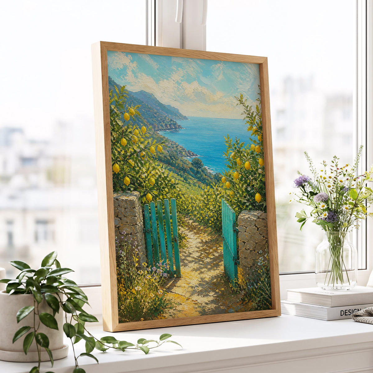 The Lemon Gate, blue, green, yellow nature wall art displayed in a styled interior, gallery view 5
