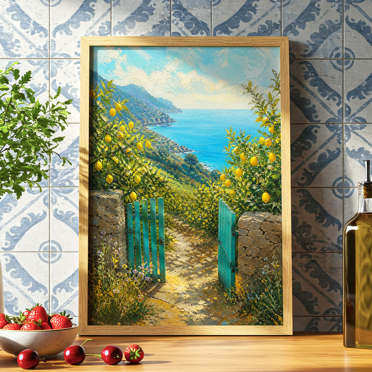 The Lemon Gate, blue, green, yellow nature wall art displayed in a styled interior, gallery view 6