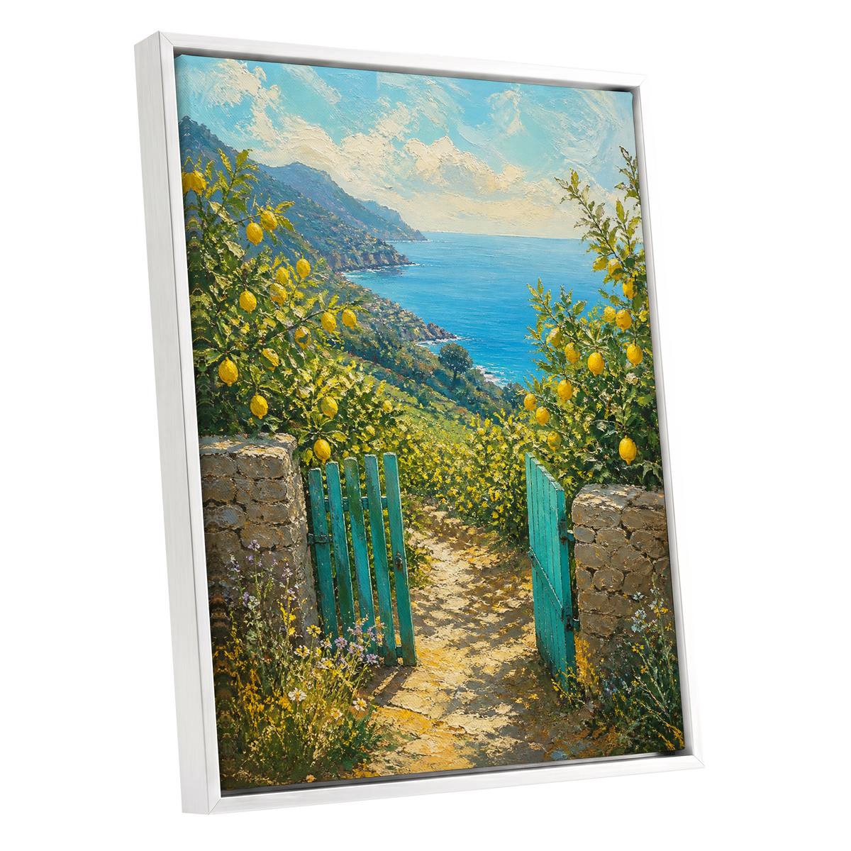 The Lemon Gate, blue, green, yellow nature wall art shown as a white framed canvas wall art