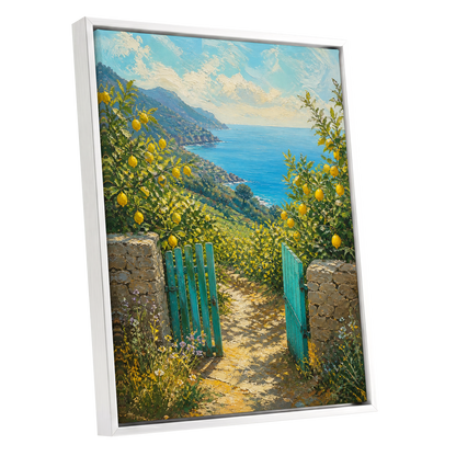 The Lemon Gate, blue, green, yellow nature wall art shown as a white framed canvas wall art