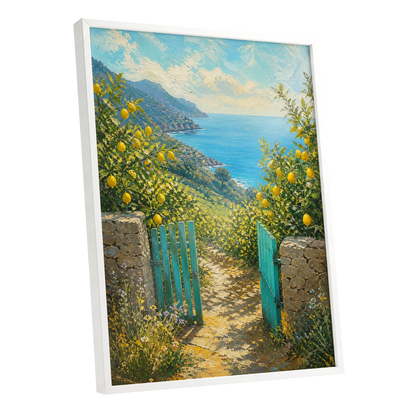 The Lemon Gate, blue, green, yellow nature wall art shown as a white framed poster wall art print