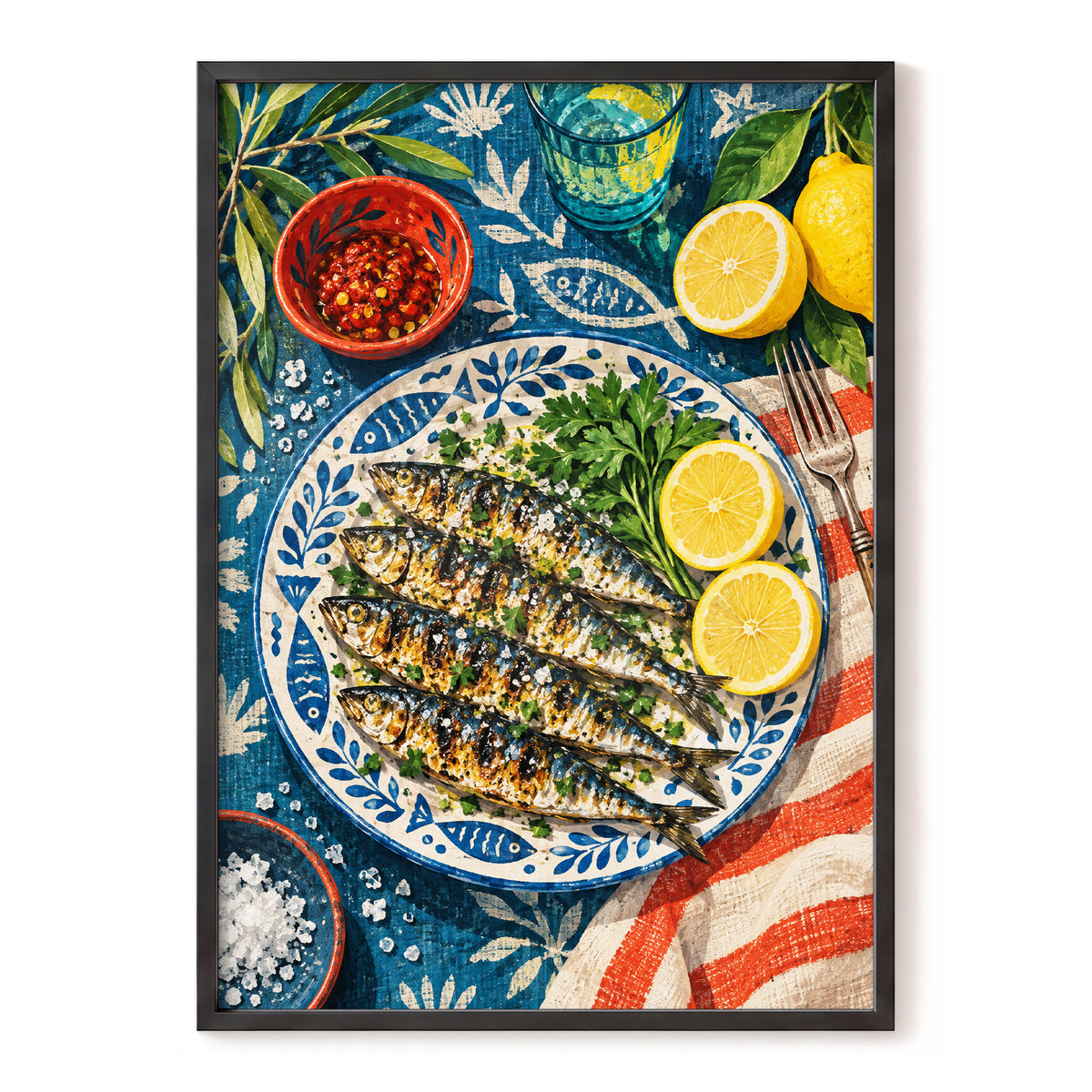 The Lemon Table, blue, yellow, green abstract wall art, front artwork view