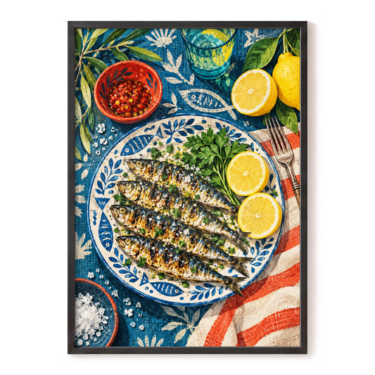The Lemon Table, blue, yellow, green abstract wall art, front artwork view