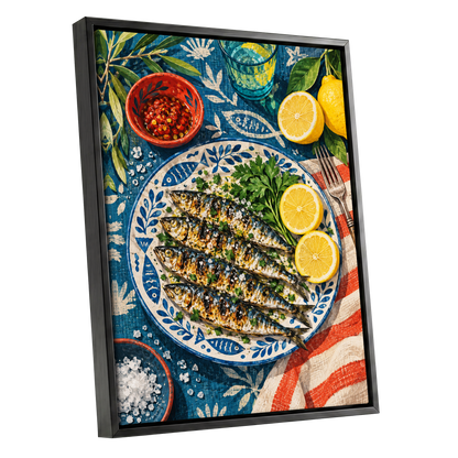 The Lemon Table, blue, yellow, green abstract wall art shown as a black framed canvas wall art