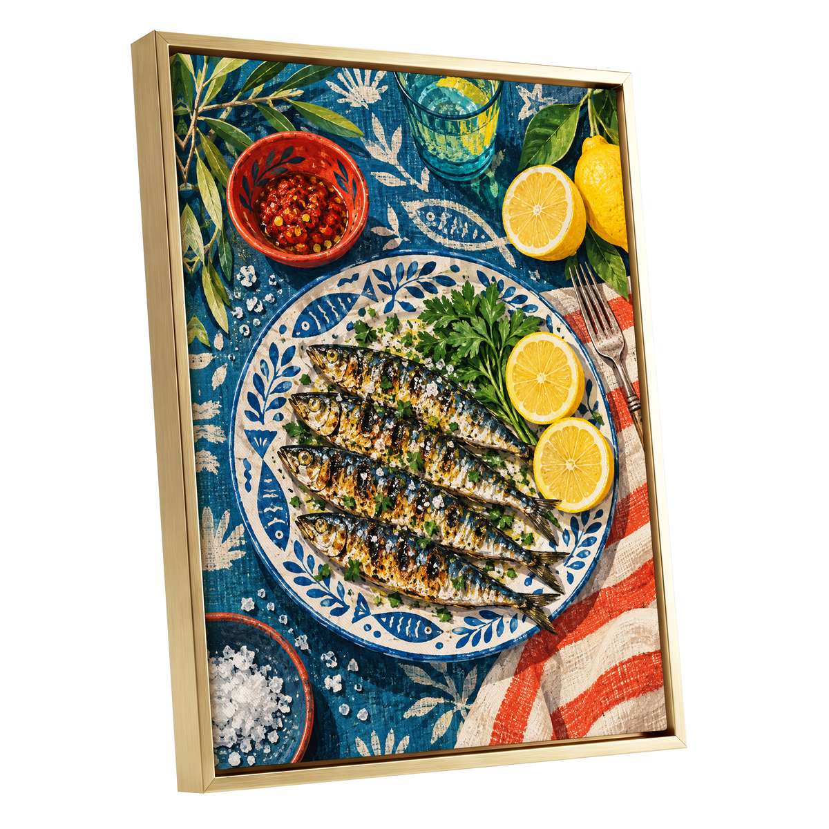 The Lemon Table, blue, yellow, green abstract wall art shown as a gold framed canvas wall art