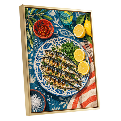 The Lemon Table, blue, yellow, green abstract wall art shown as a gold framed canvas wall art