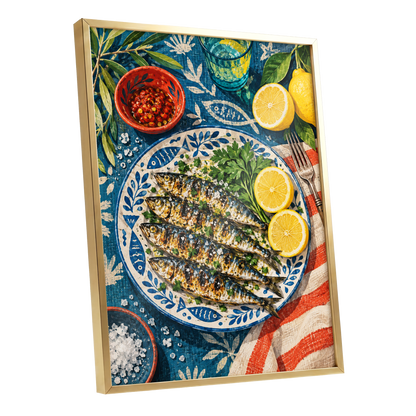 The Lemon Table, blue, yellow, green abstract wall art shown as a gold framed poster wall art print