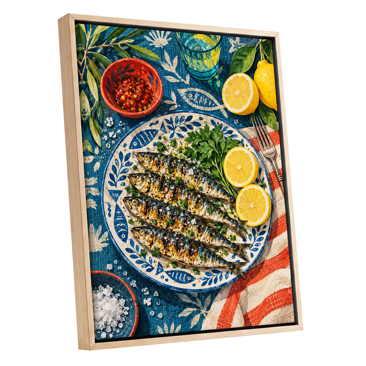 The Lemon Table, blue, yellow, green abstract wall art shown as a oak framed canvas wall art
