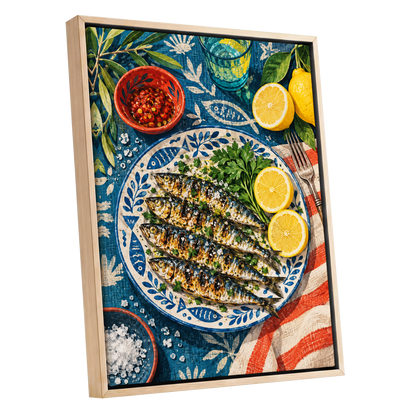 The Lemon Table, blue, yellow, green abstract wall art shown as a oak framed canvas wall art