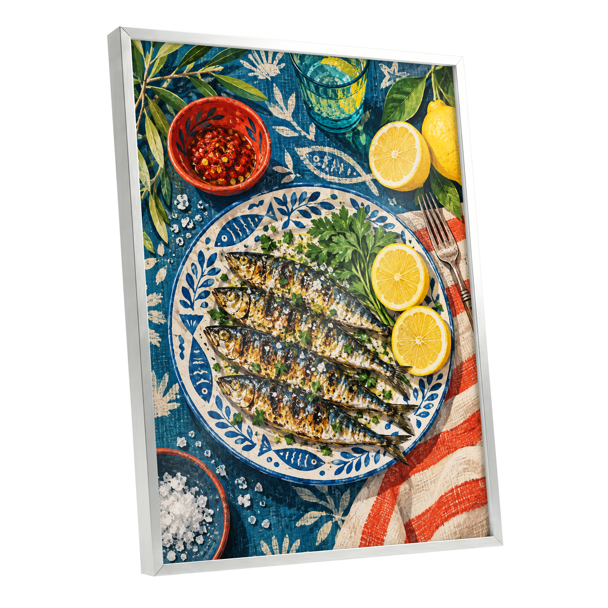 The Lemon Table, blue, yellow, green abstract wall art shown as a silver framed poster wall art print