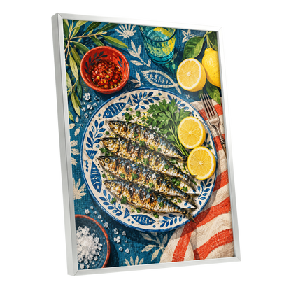 The Lemon Table, blue, yellow, green abstract wall art shown as a silver framed poster wall art print
