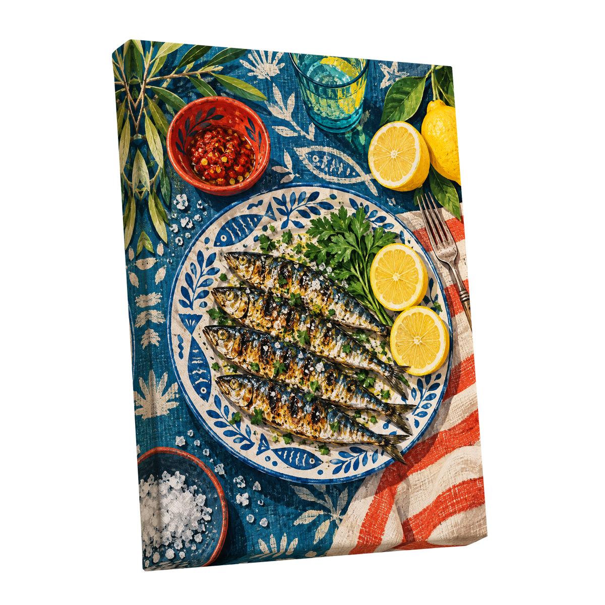 The Lemon Table, blue, yellow, green abstract wall art shown as a stretched canvas wall art