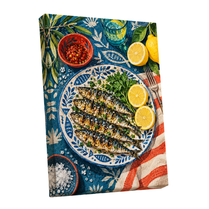 The Lemon Table, blue, yellow, green abstract wall art shown as a stretched canvas wall art